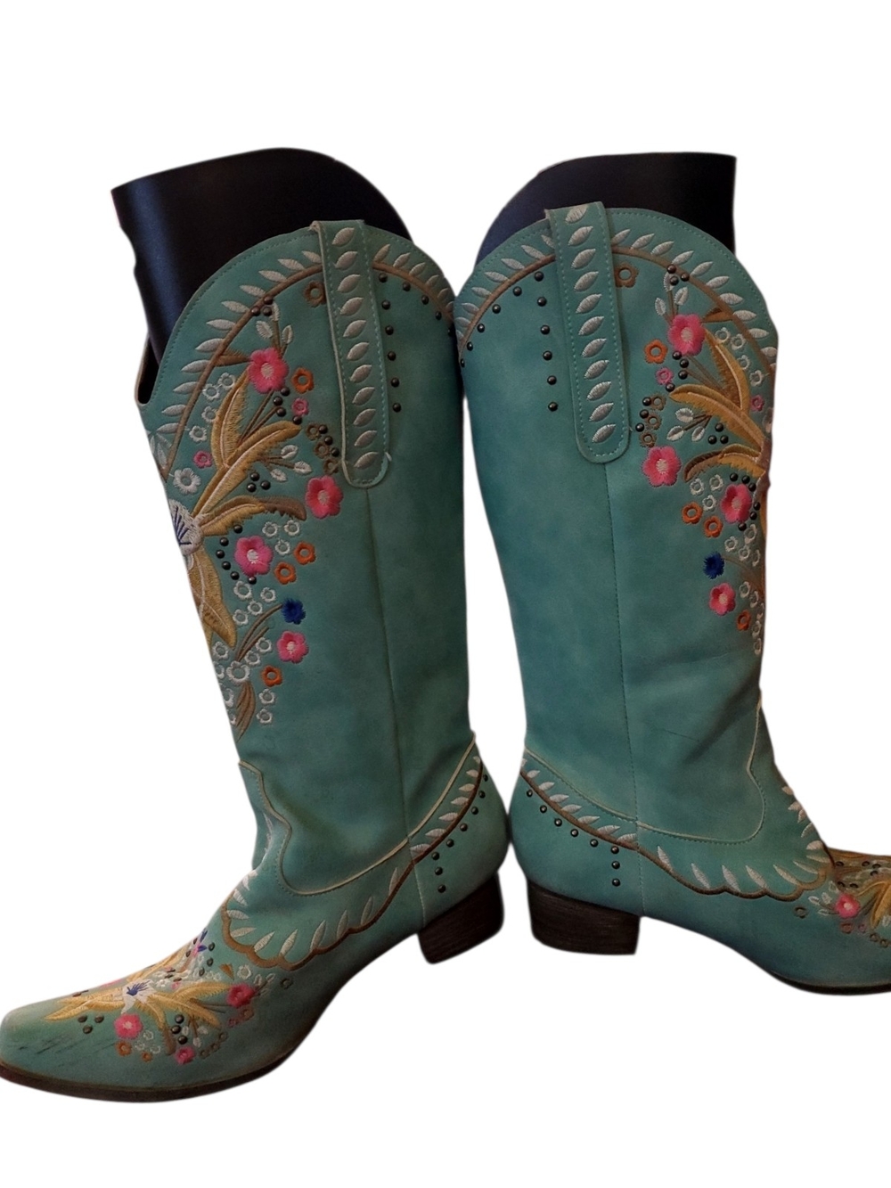 Turquoise Embroidered Western Heeled Boots - Picture 7 of 9
